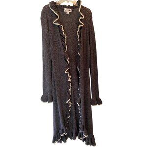 Elle Ruffled Open Front Cardigan Sweater Black & White Accent Medium